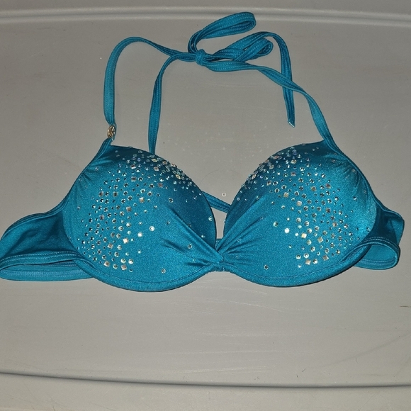 (J35) Victoria's Secret Blue Bikini Top with Silver Rhinestones - Picture 1 of 7